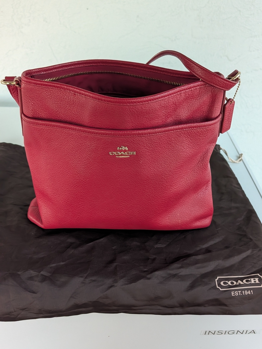 Coach Red Pebbled Leather Shoulder Bag with Gold Logo